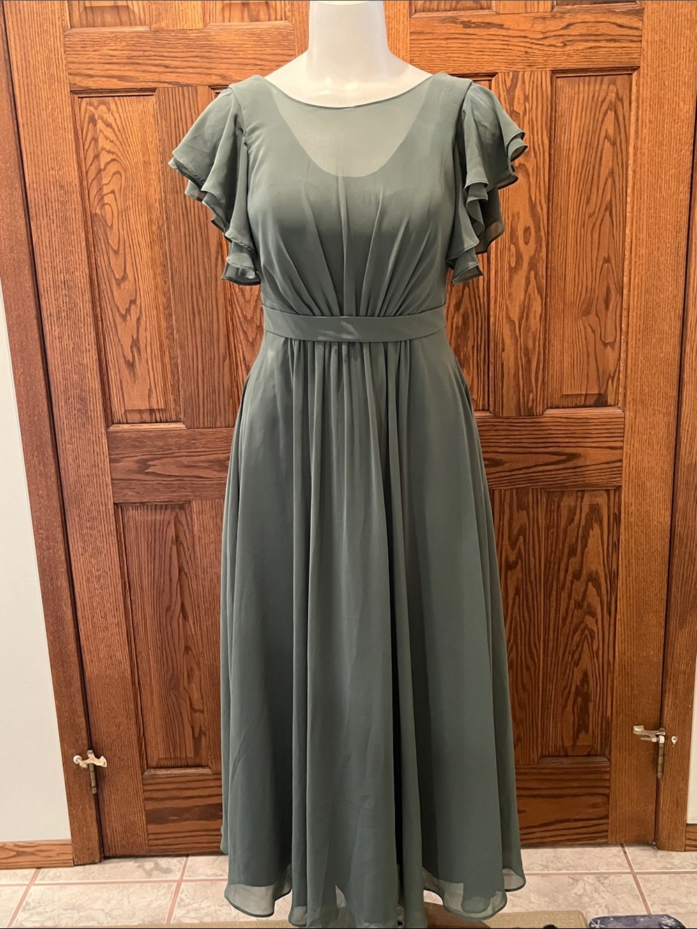Azazie Elegant Sage Green Flutter Sleeve Maxi Dress S